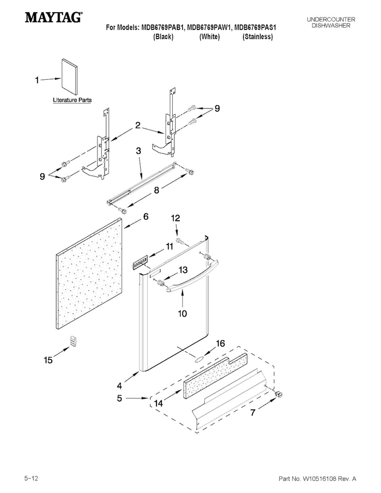 Door And Panel Parts Diagram and Parts List for MDB6769PAB1  Maytag Dishwasher