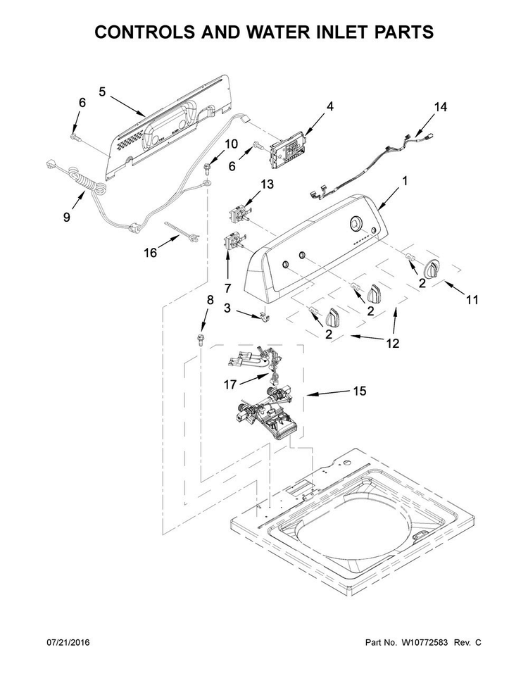 Controls And Water Inlet Parts Diagram and Parts List for NTW4615EW0  Amana Washer