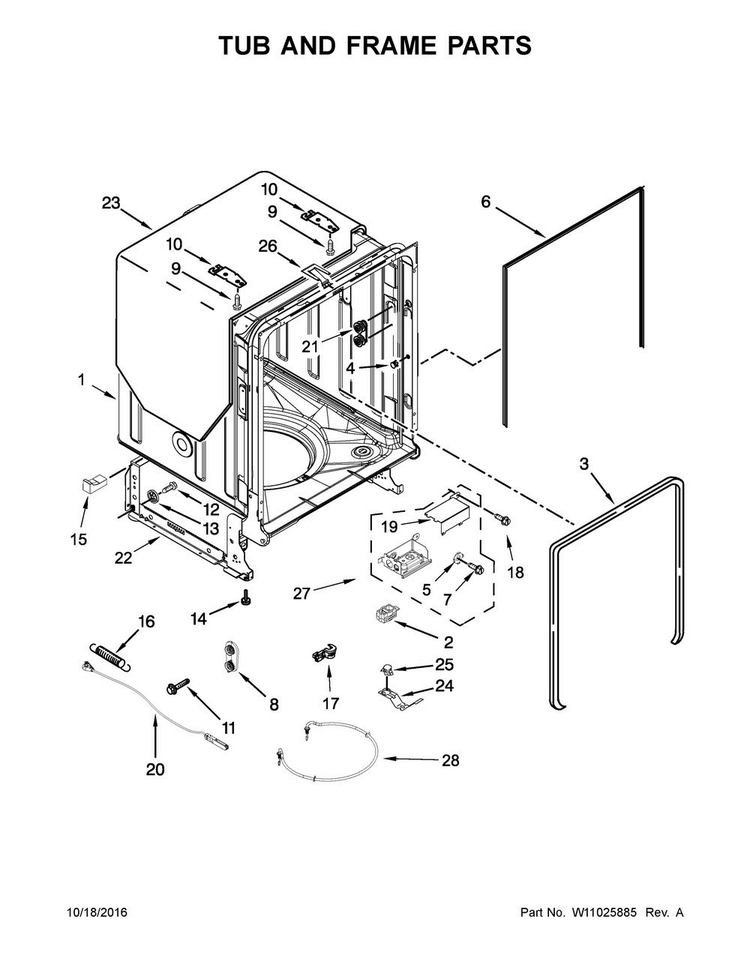 Tub And Frame Parts Diagram and Parts List for ADB1700ADB3  Amana Dishwasher