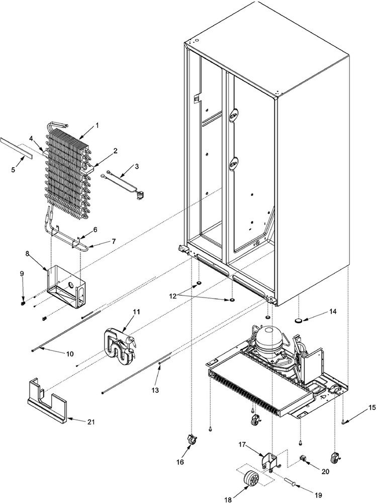 Evaporator Assy And Rollers Diagram and Parts List for XRSS264BW-PXRSS264BW0  Amana Refrigerator