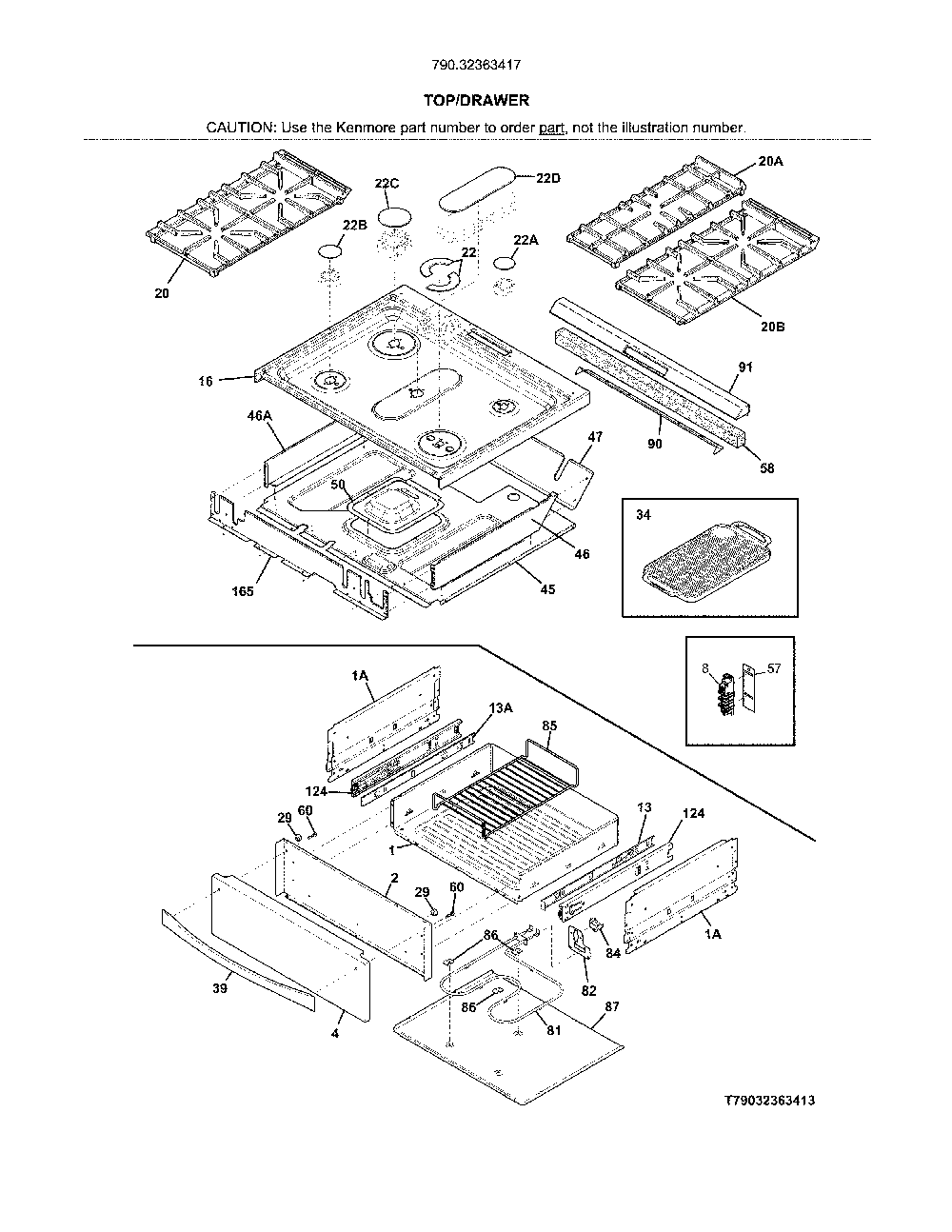 Top/Drawer Diagram and Parts List for 79032363417  Kenmore Range