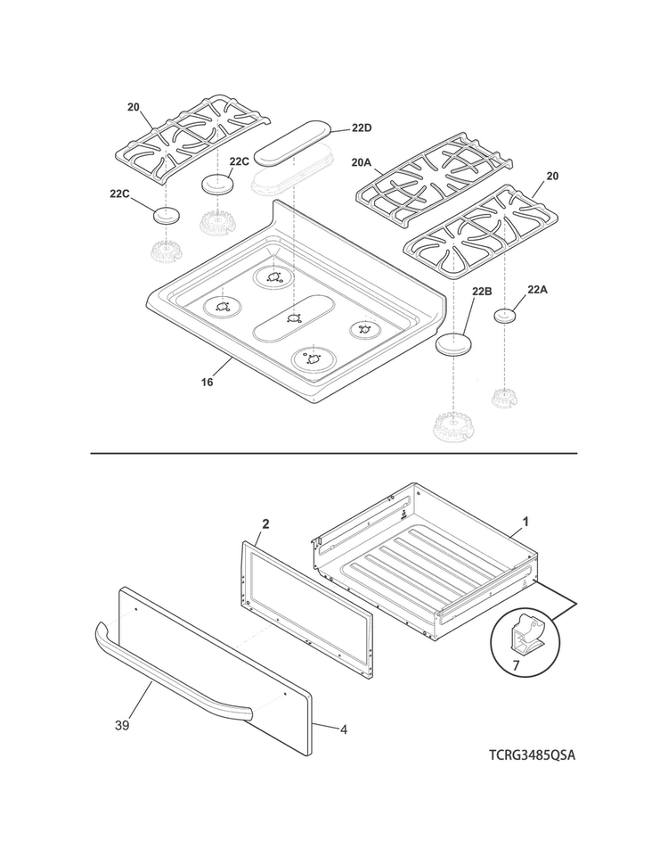 Top/drawer Diagram and Parts List for CRG3485QSB  Crosley Range