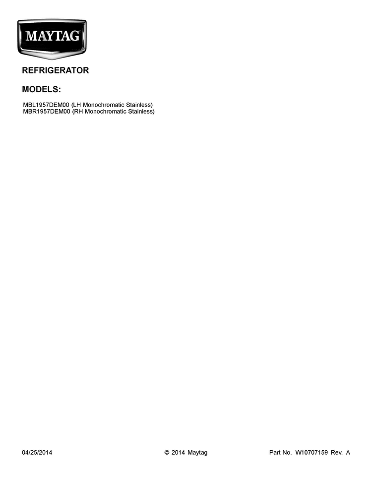 Cover Sheet Diagram and Parts List for MBL1957DEM00  Maytag Refrigerator