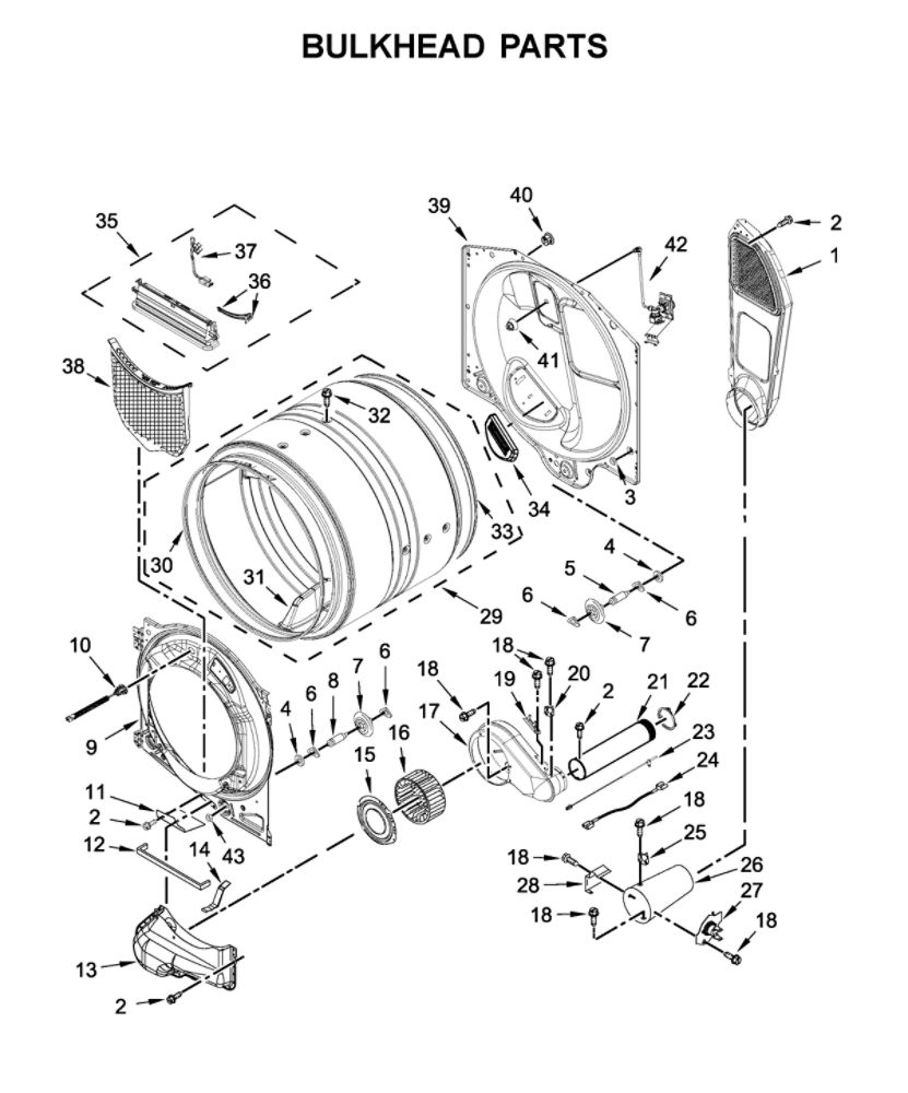Bulkhead Parts Diagram and Parts List for MGD8630HW0  Maytag Dryer