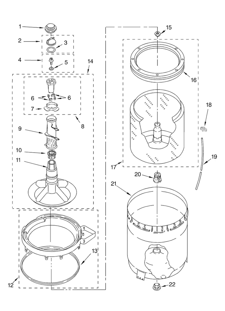 Agitator, Basket And Tub Parts Diagram and Parts List for ATW4475VQ0  Admiral Washer