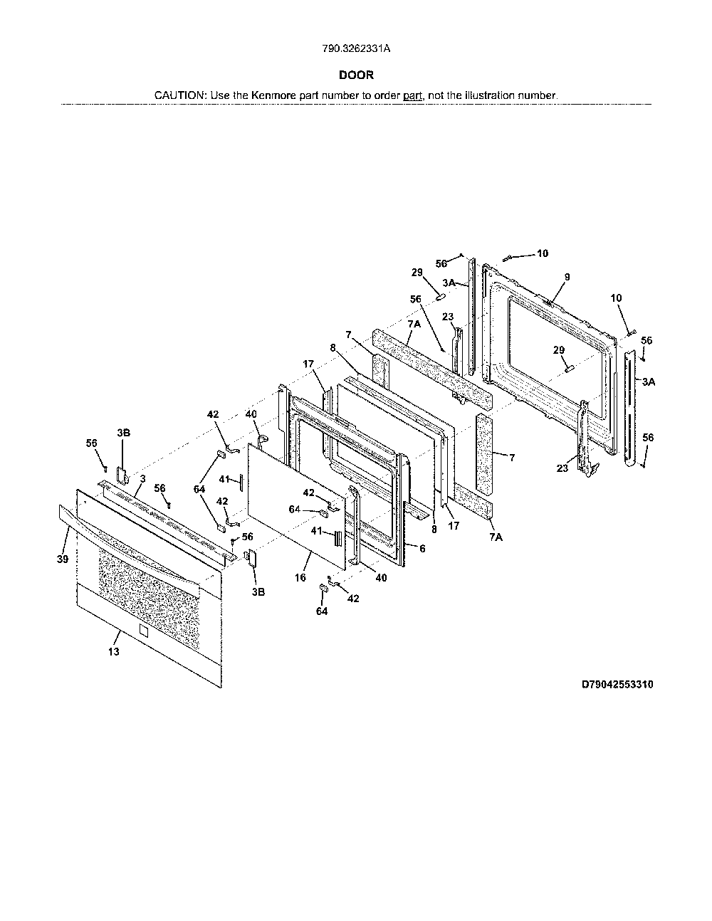 Door Diagram and Parts List for 7903262331A  Kenmore Range