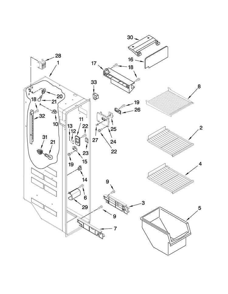 Freezer Liner Parts Diagram and Parts List for MSD2553WEM01  Maytag Refrigerator