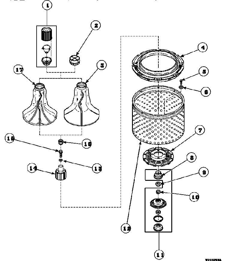 Agitator, Drive Bell, Seal Kit, Washtub And Hub Diagram and Parts List for CW8413W2-PCW8413W2  Crosley Washer