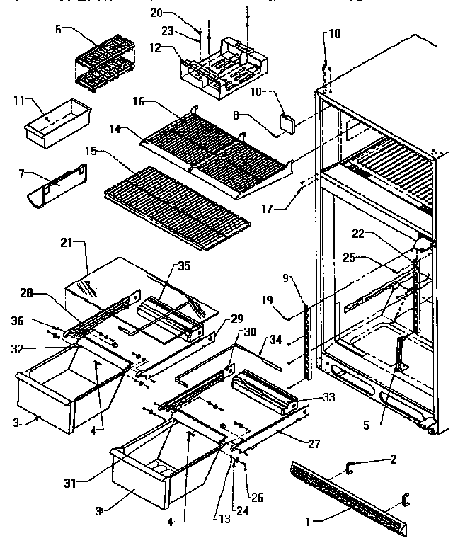 Cabinet Shelving Diagram and Parts List for TSI18R2-P1182102W  Amana Refrigerator