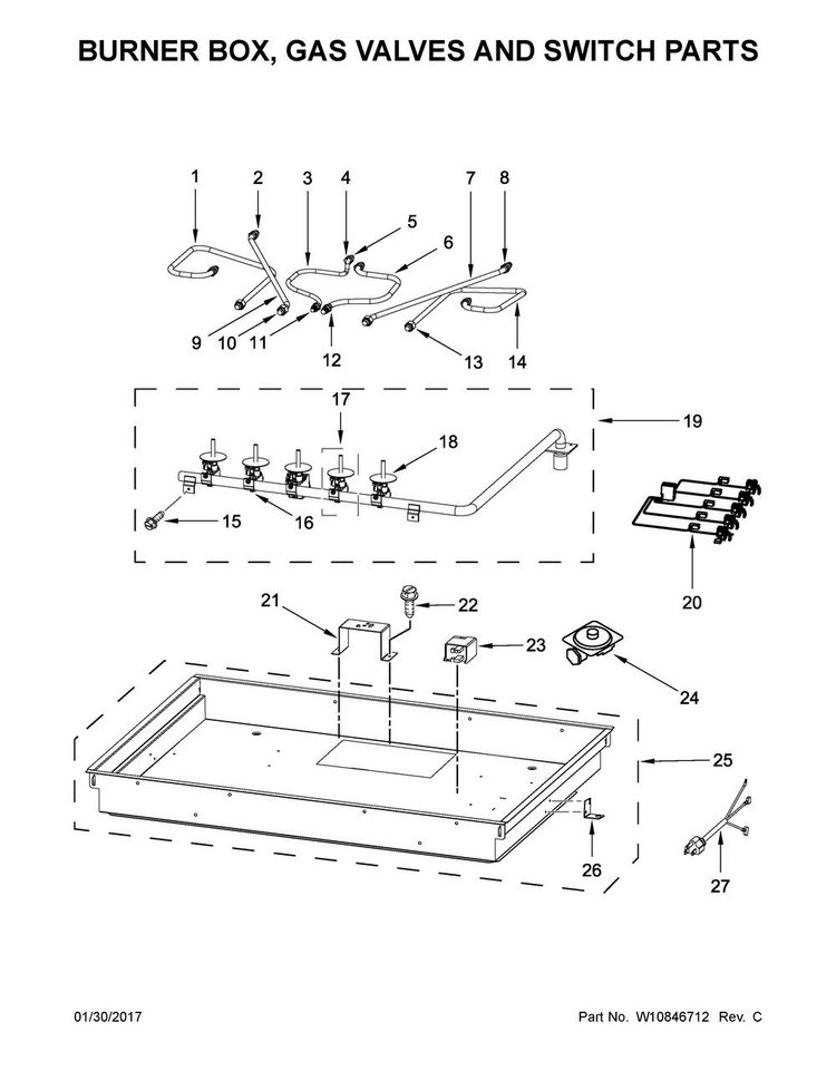 Burner Box, Gas Valves And Switch Parts Diagram and Parts List for JGC2536EB00  Jenn-Air Cooktop