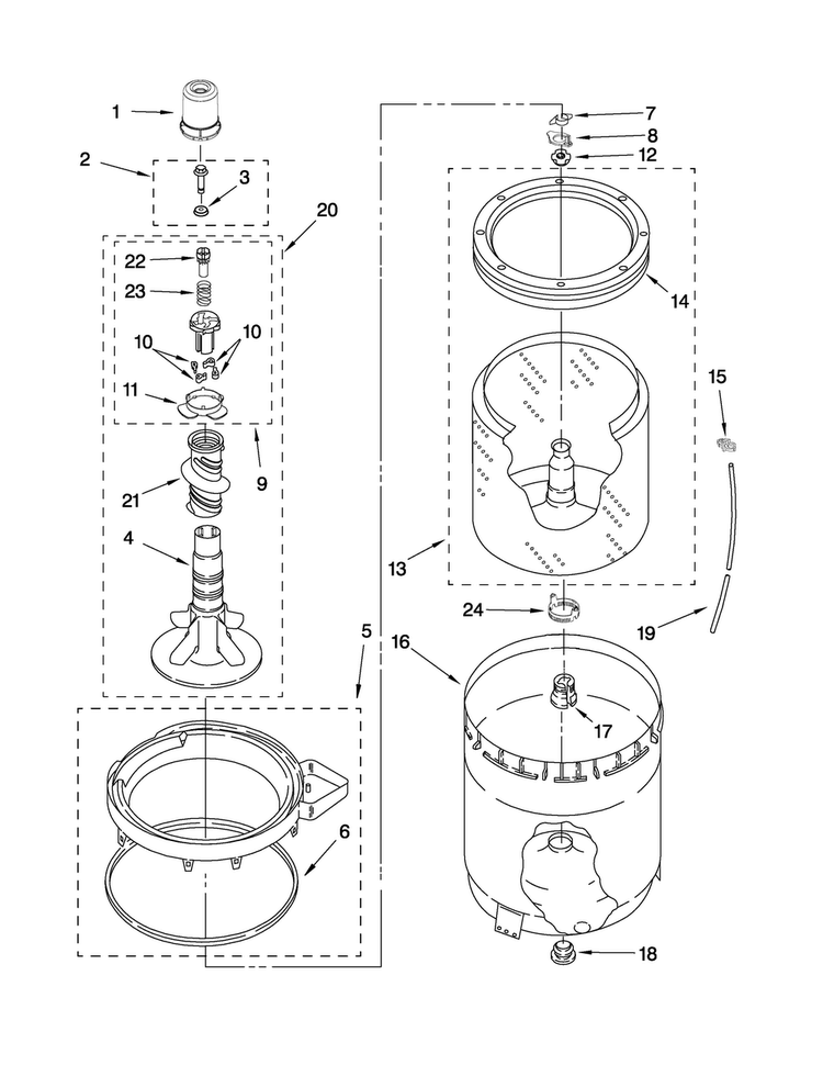 Agitator, Basket And Tub Parts Diagram and Parts List for 7MMMS0560WW0  Maytag Washer
