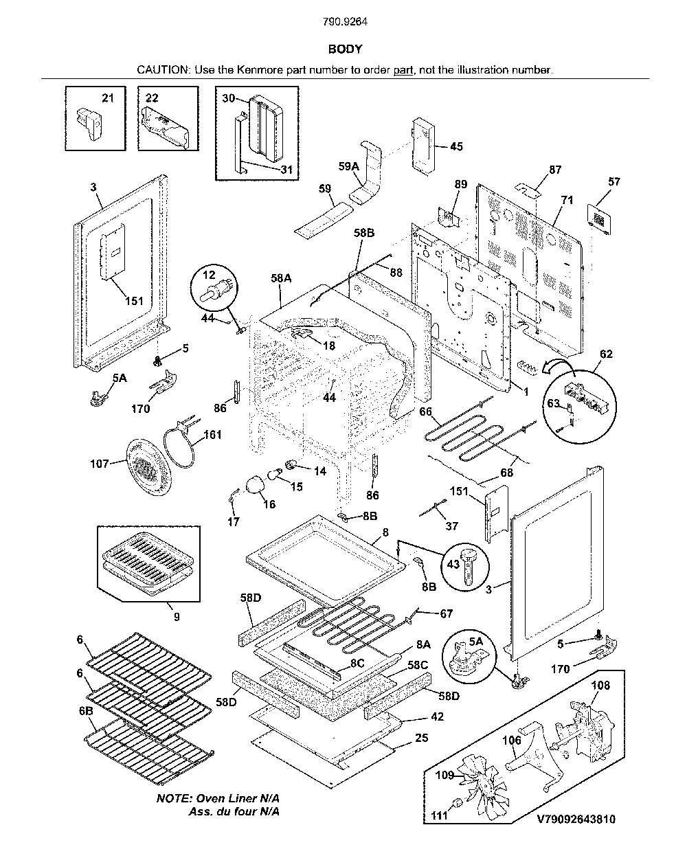 Body Diagram and Parts List for 79092643810  Kenmore Range