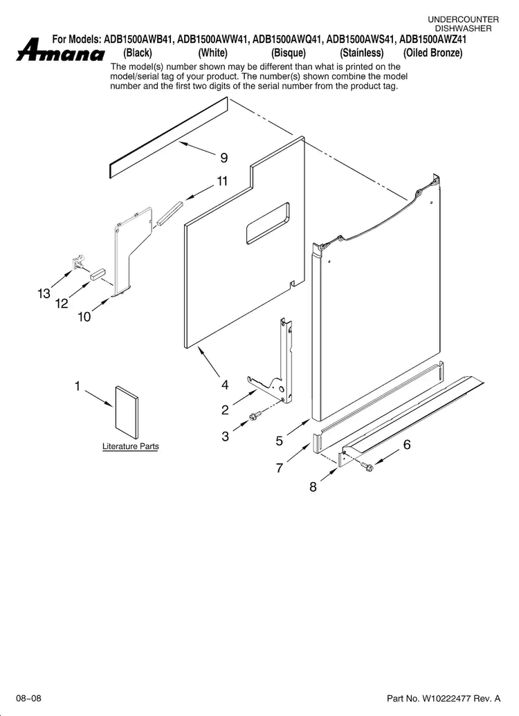 Door And Panel Parts Diagram and Parts List for ADB1500AWW41  Amana Dishwasher