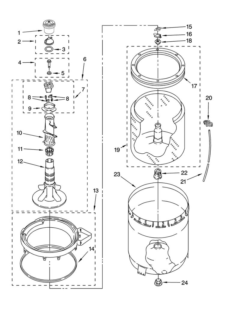 Agitator, Basket And Tub Parts Diagram and Parts List for 2DMTW5705TW1  Maytag Washer