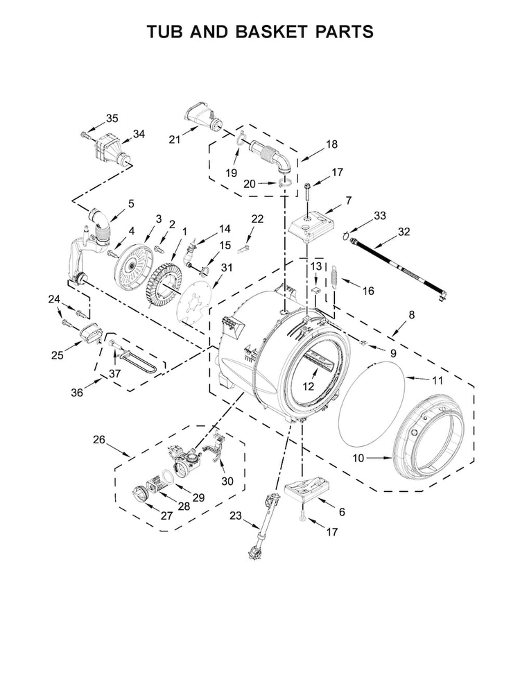 Tub And Basket Parts Diagram and Parts List for MHW3505FW1  Maytag Washer