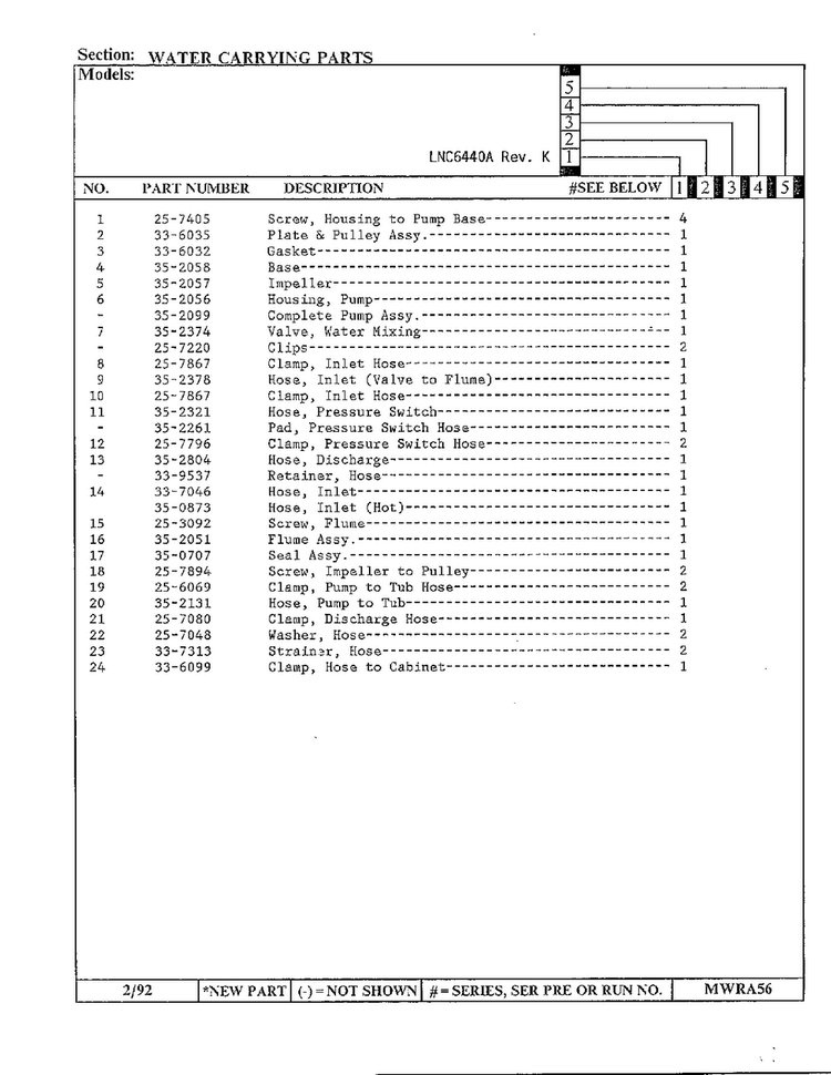 Water Carrying Parts Page 2 Diagram and Parts List for 6440A REV K Norge Washer
