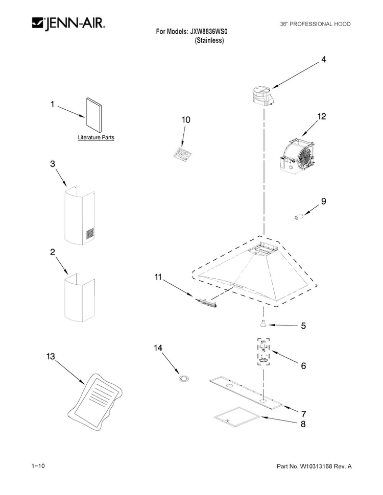 Hood Parts Diagram and Parts List for JXW8836WS0  Jenn-Air Range Hood