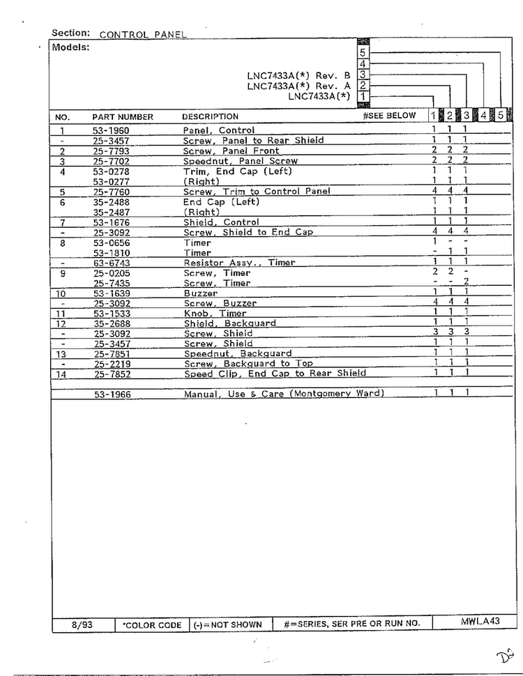 Control Panel Page 2 Diagram and Parts List for 7433A  Norge Dryer