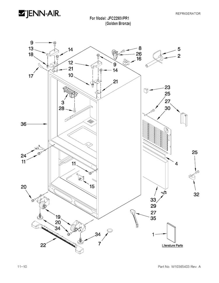 Cabinet Parts Diagram and Parts List for JFC2290VPR1  Jenn-Air Refrigerator