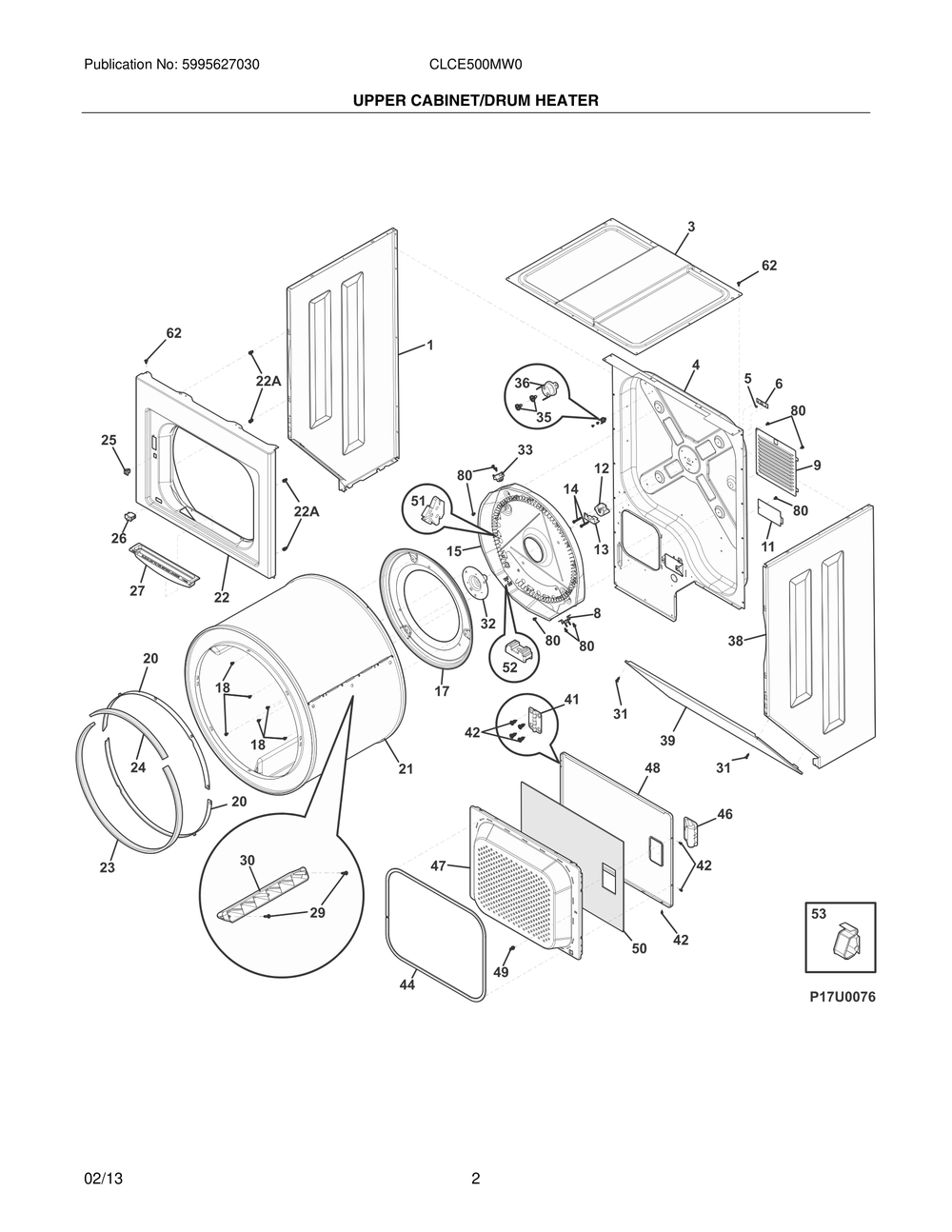 Upper Cabinet/Drum Heater Diagram and Parts List for CLCE500MW0  Maytag Dryer