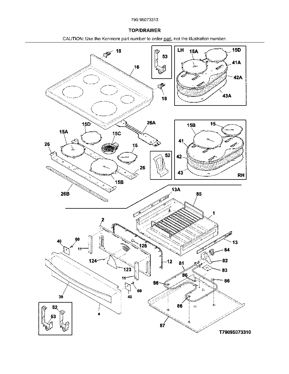 Top/Drawer Diagram and Parts List for 79095073313  Kenmore Range