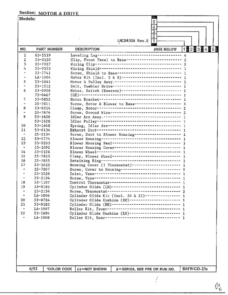 Motor And Drive Diagram and Parts List for 8430A REV E Norge Dryer