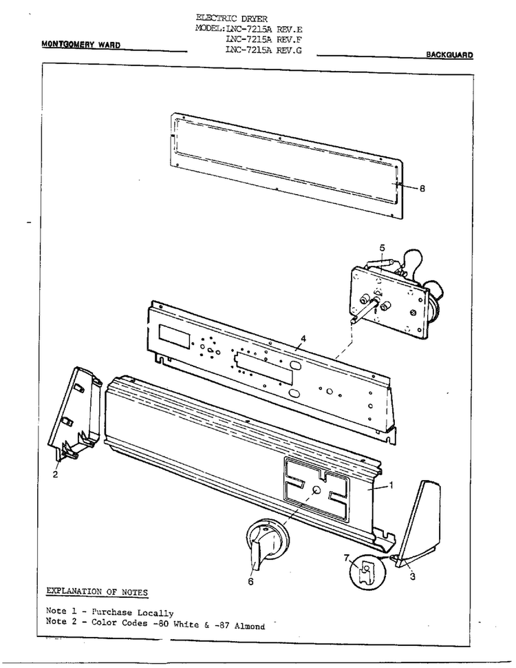Automatic Dryer/backguard Diagram and Parts List for 7215A REV E Norge Dryer