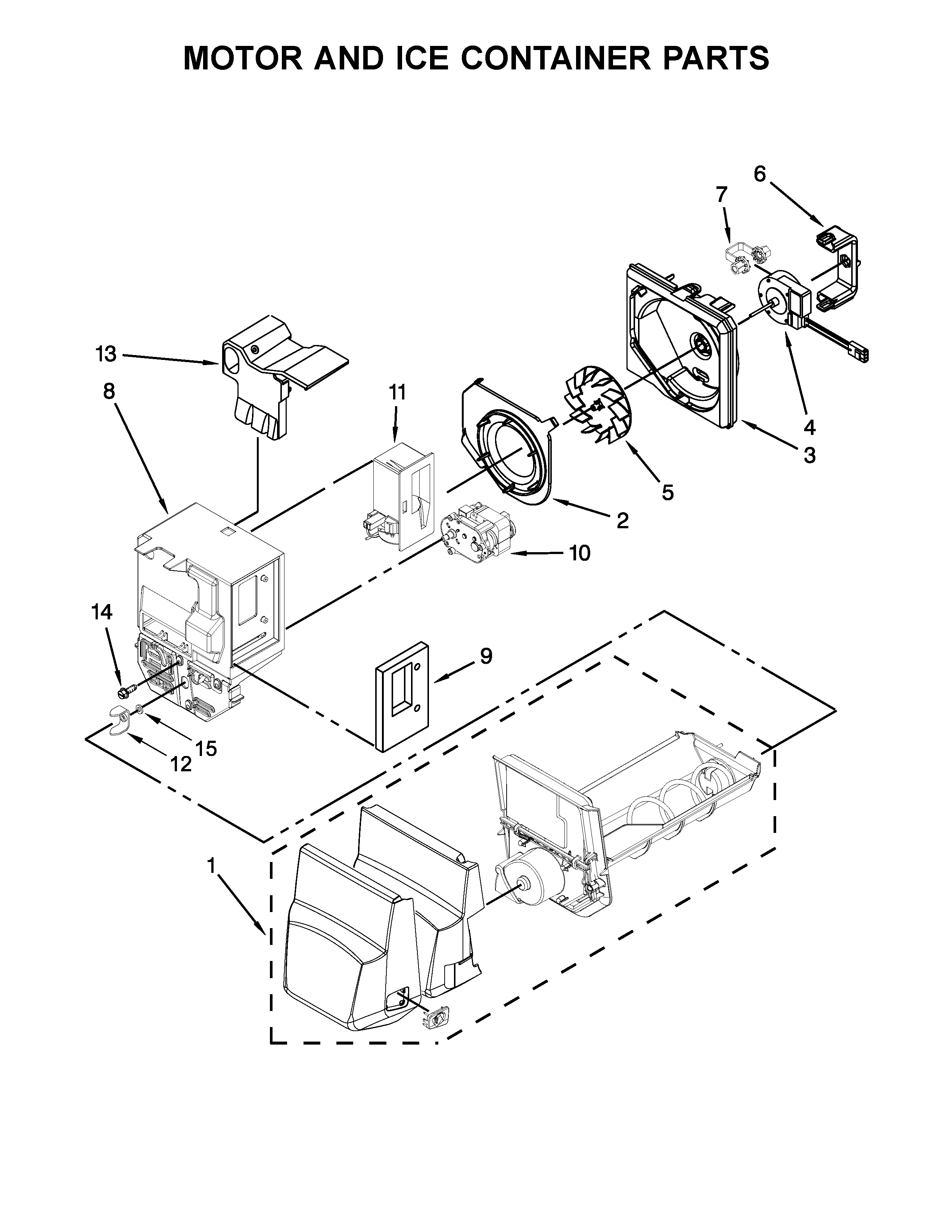 Motor And Ice Container Parts Diagram and Parts List for MFI2269DRM01  Maytag Refrigerator