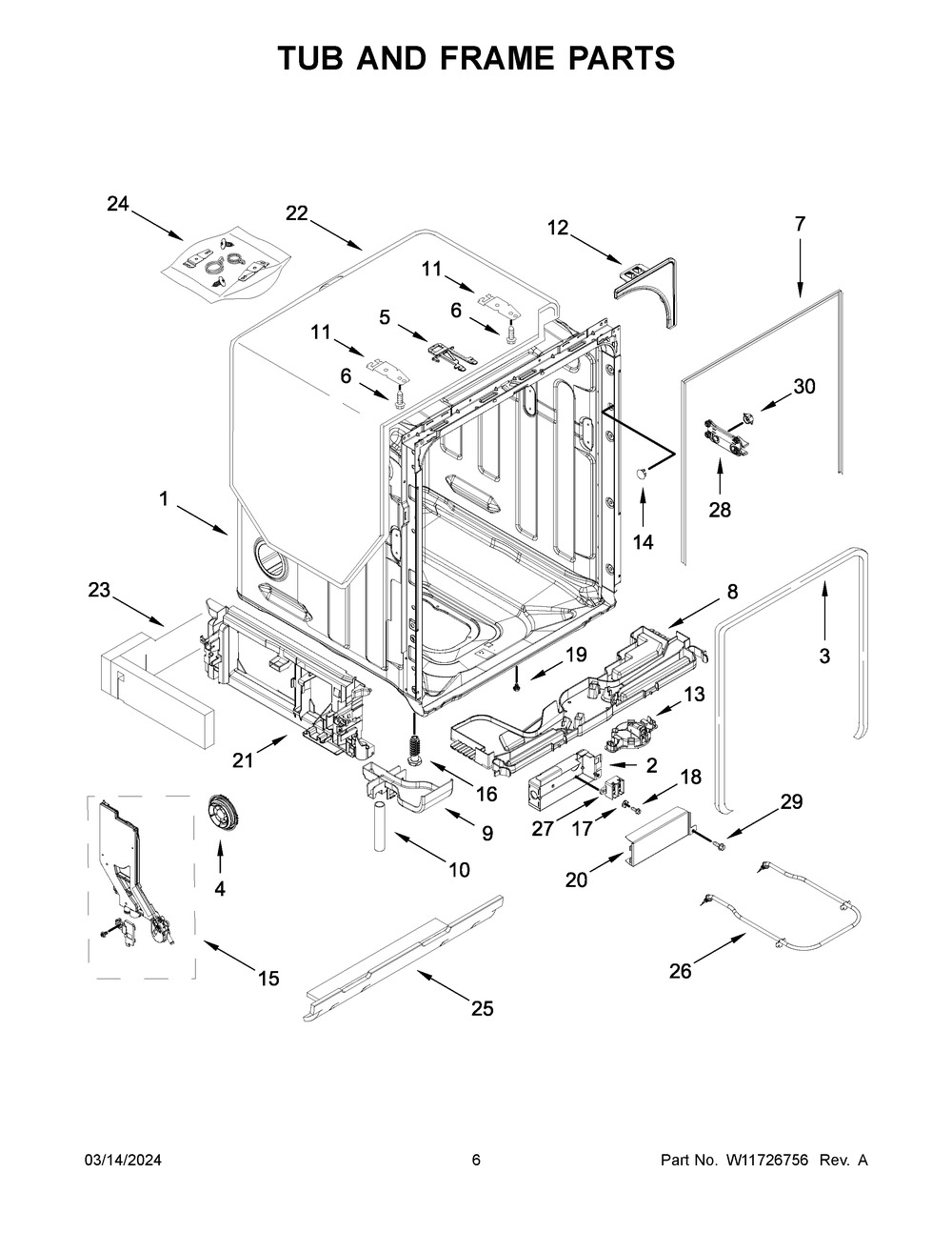 Tub And Frame Parts Diagram and Parts List for JDPSS244PL1  Jenn-Air Dishwasher