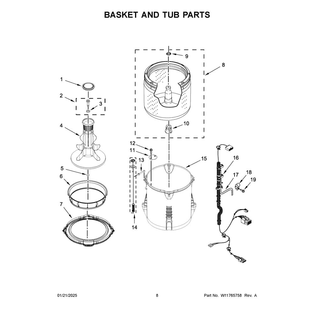 Basket And Tub Parts Diagram and Parts List for MAT24PDAWW0  Maytag Washer
