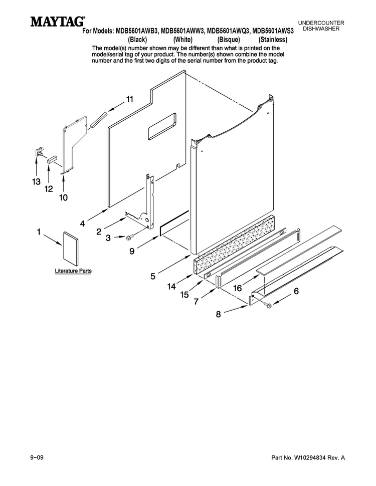 Door And Panel Parts Diagram and Parts List for MDB5601AWB3  Maytag Dishwasher