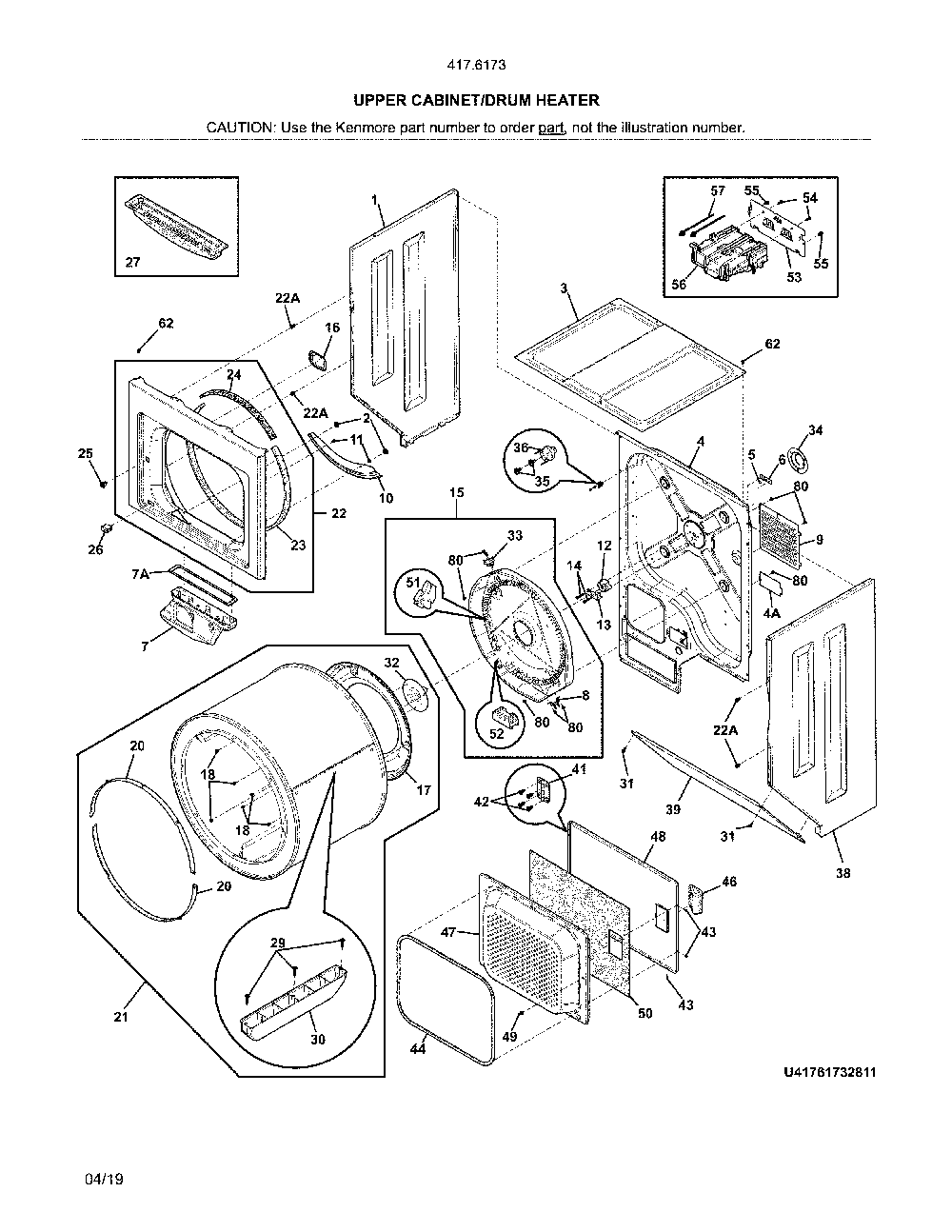 Upper Cabinet/Drum Heater Diagram and Parts List for 41761733811  Kenmore Washer Dryer Combo