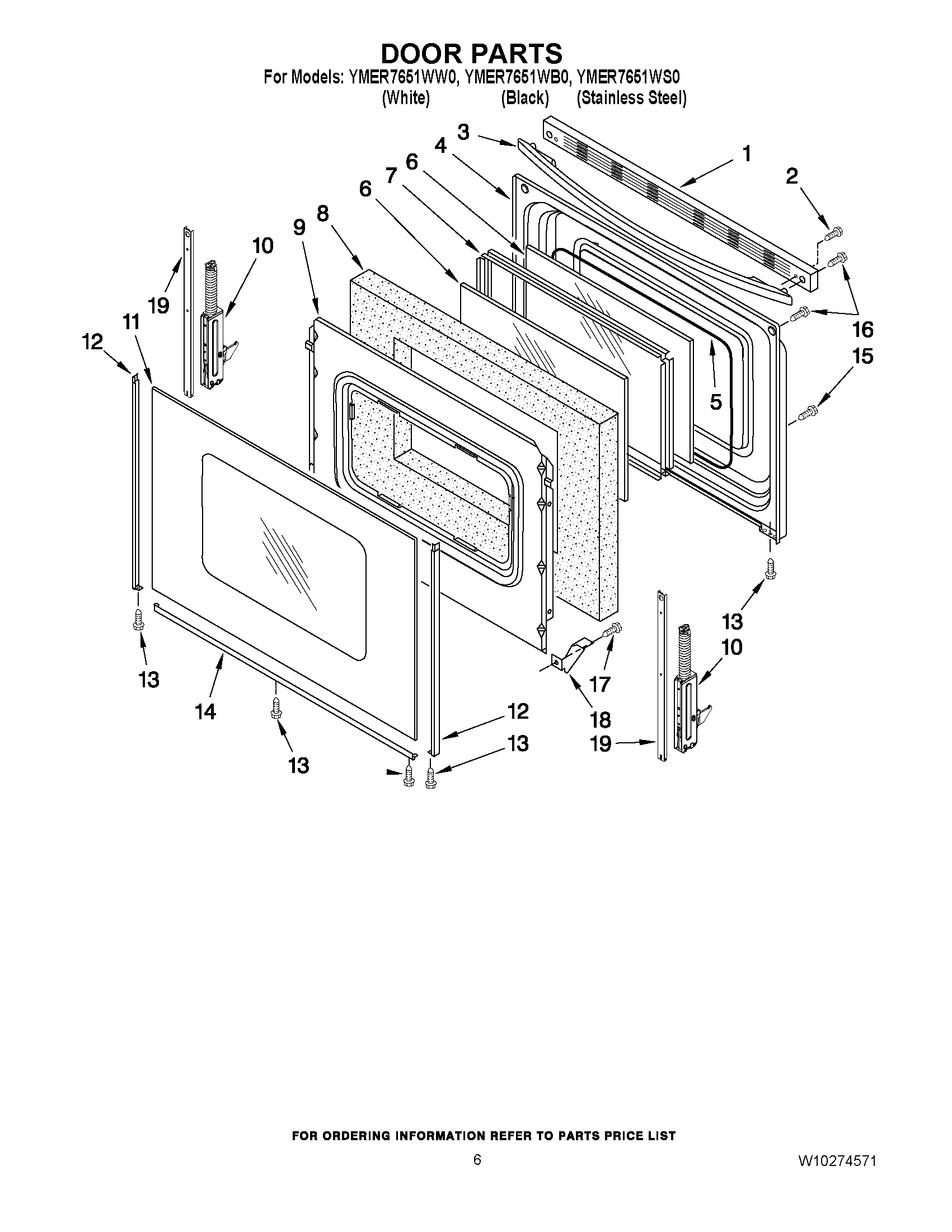 05 - DOOR PARTS Diagram and Parts List for YMER7651WW0  Maytag Range