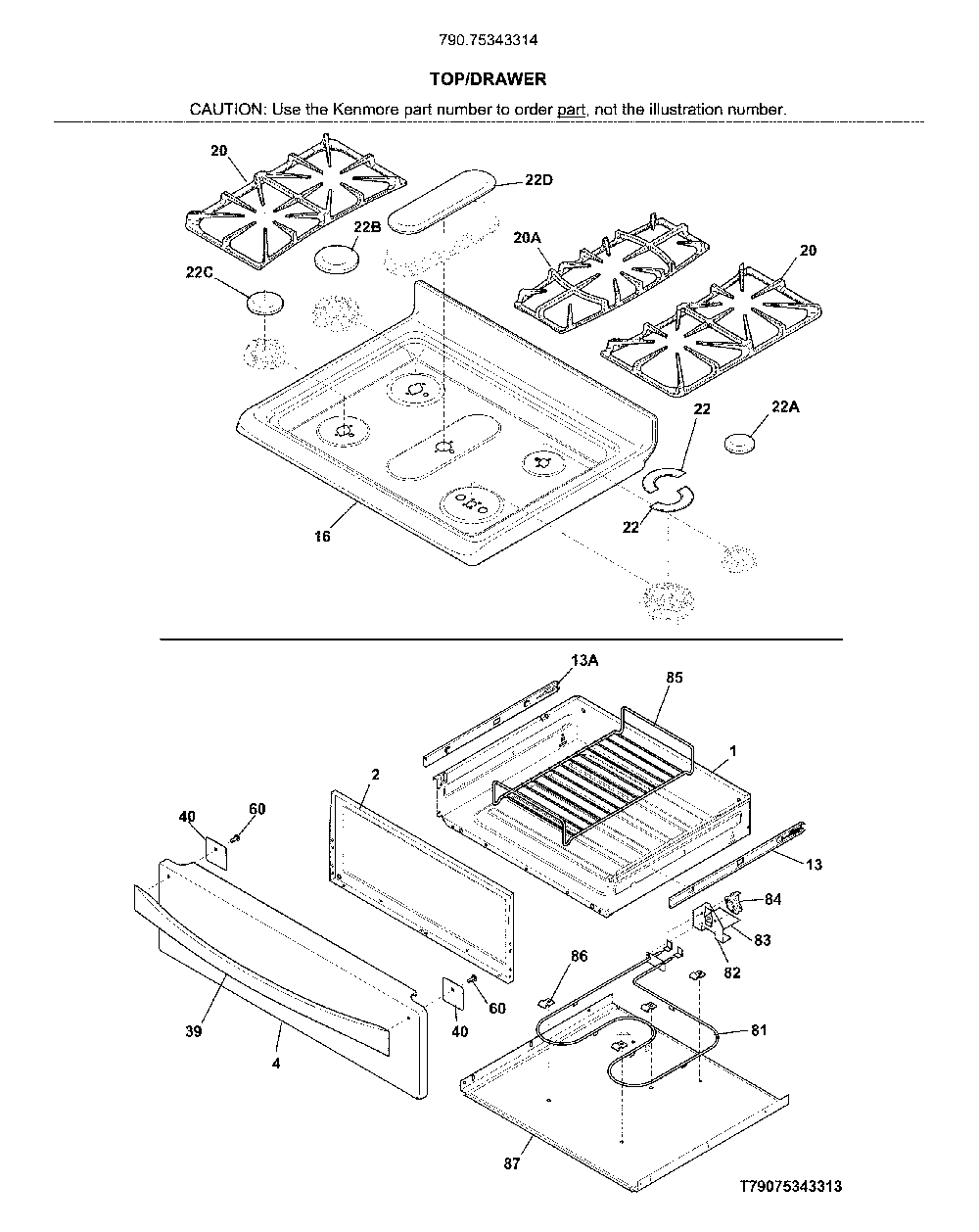 Top/Drawer Diagram and Parts List for 79075343314  Kenmore Range