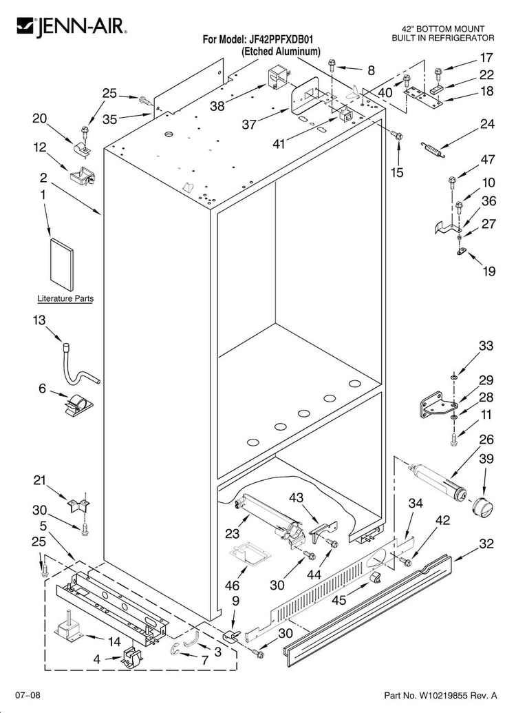 Cabinet Parts Diagram and Parts List for JF42PPFXDB01  Jenn-Air Refrigerator