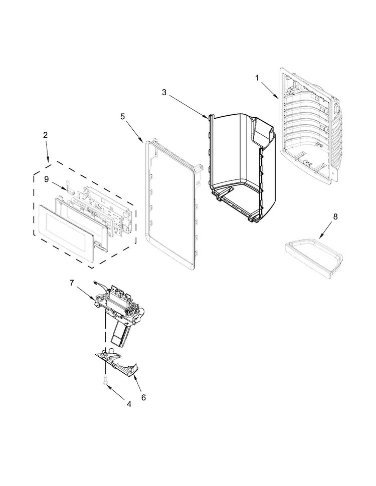 Dispenser Front Parts Diagram and Parts List for MFT2574DEH02  Maytag Refrigerator