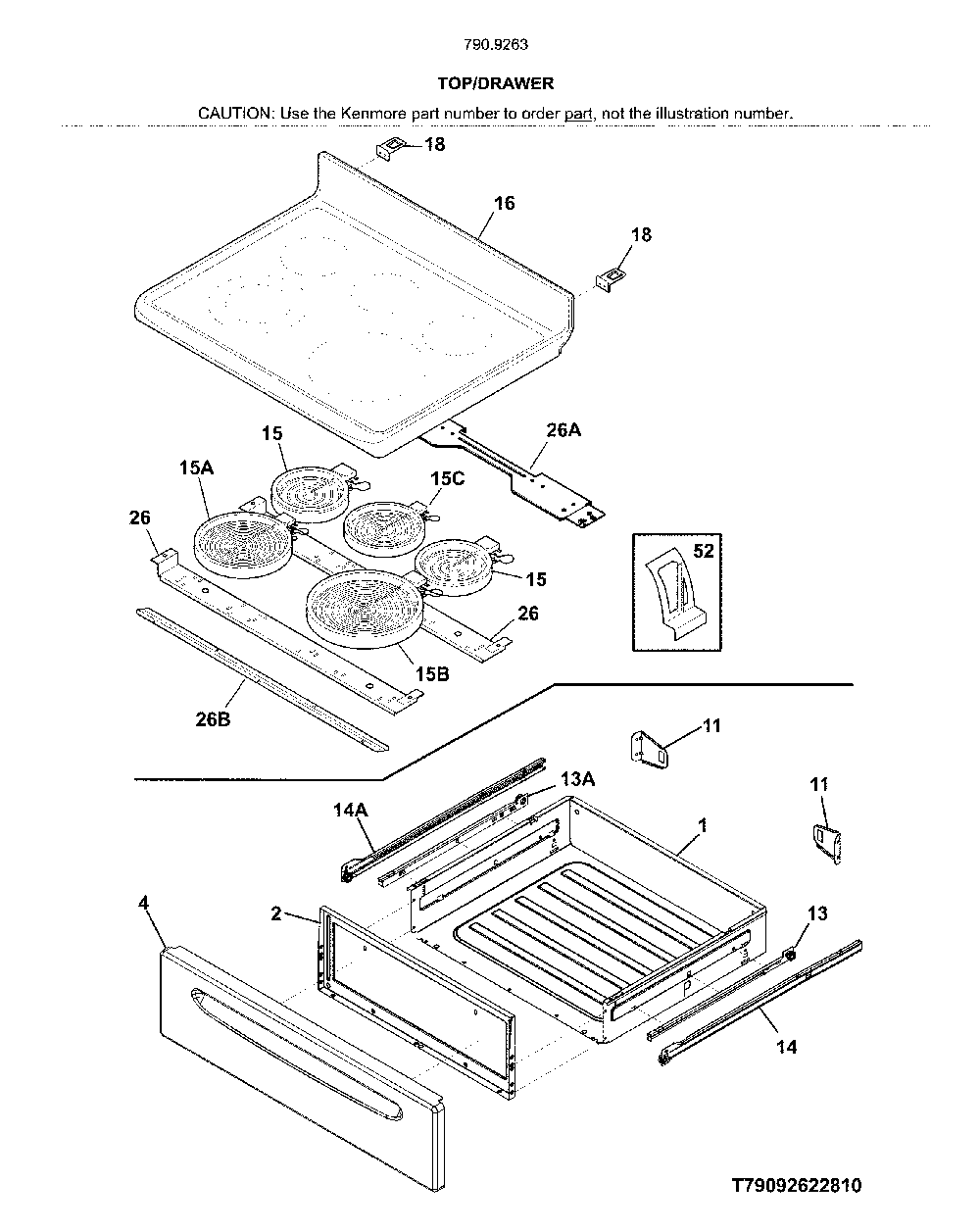 Top/Drawer Diagram and Parts List for 79092632810  Kenmore Range