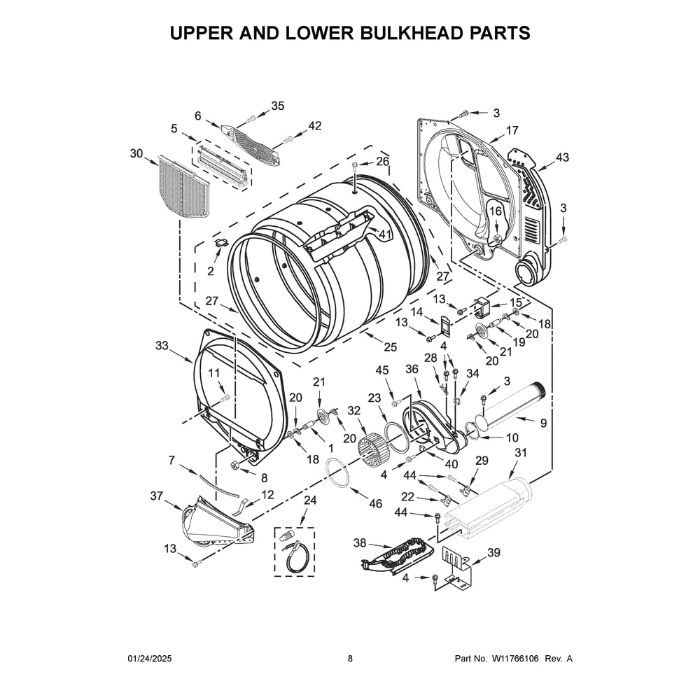 Upper And Lower Bulkhead Parts Diagram and Parts List for MLE27PDFGW0  Maytag Dryer