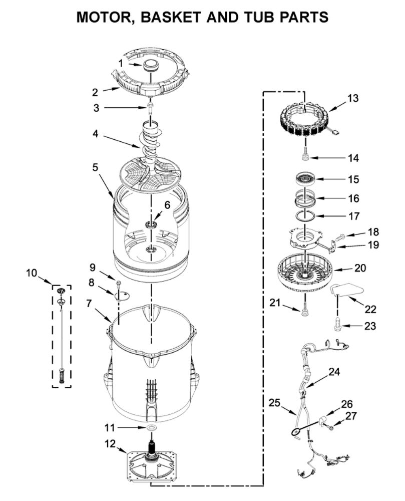 Motor, Basket And Tub Parts Diagram and Parts List for MVWB765FC3  Maytag Washer