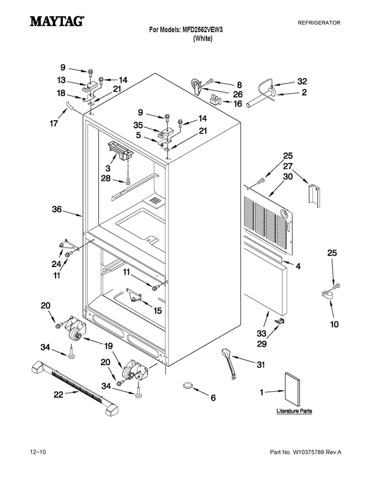 Cabinet Parts Diagram and Parts List for MFD2562VEW3  Maytag Refrigerator