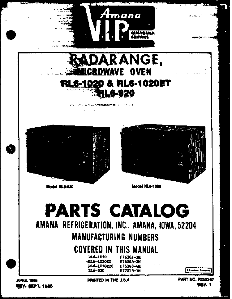 Section 3 Diagram and Parts List for RL6-1020ET P76383-3M Amana Microwave