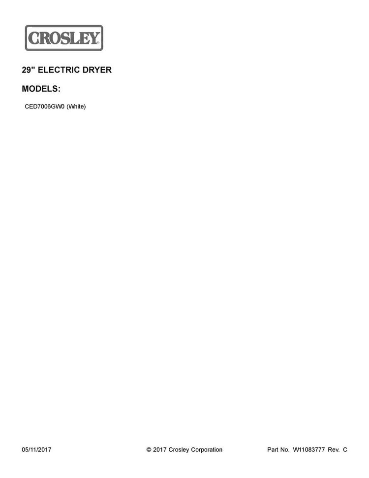 Cover Sheet Diagram and Parts List for CED7006GW0  Crosley Dryer