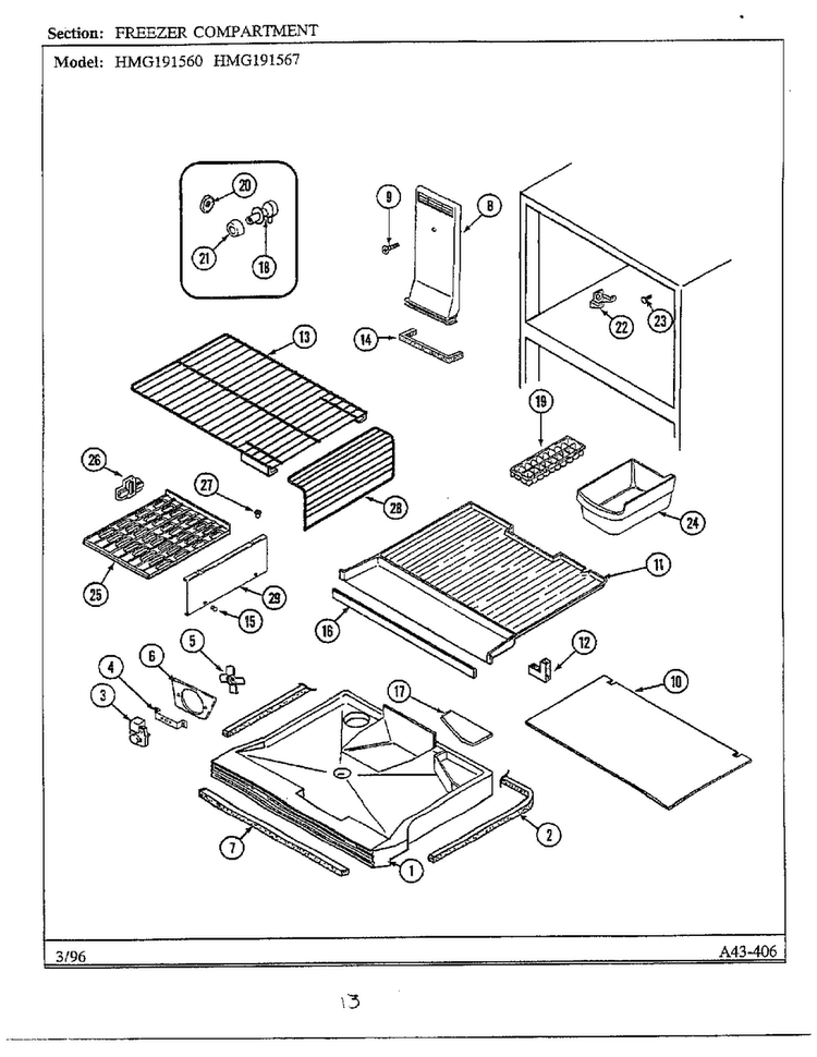 Freezer Compartment Diagram and Parts List for HMG191560  Admiral Refrigerator