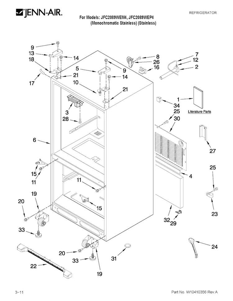 Cabinet Parts Diagram and Parts List for JFC2089WEM4  Jenn-Air Refrigerator