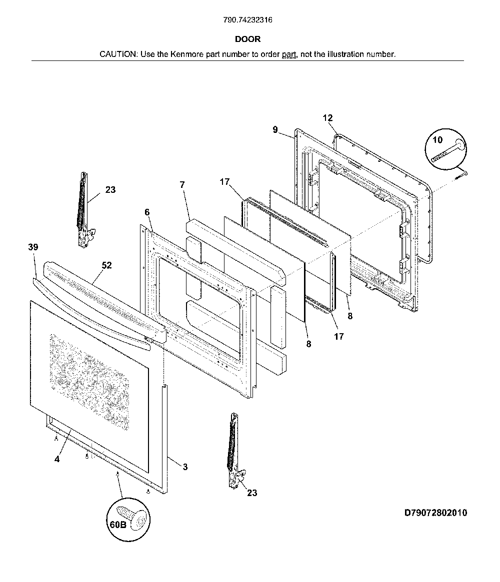 Door Diagram and Parts List for 79074232316  Kenmore Range
