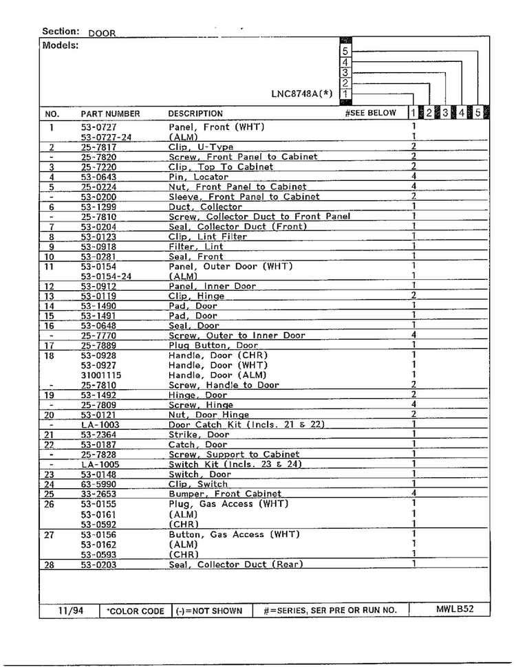 Door Page 2 Diagram and Parts List for 8748A  Norge Dryer