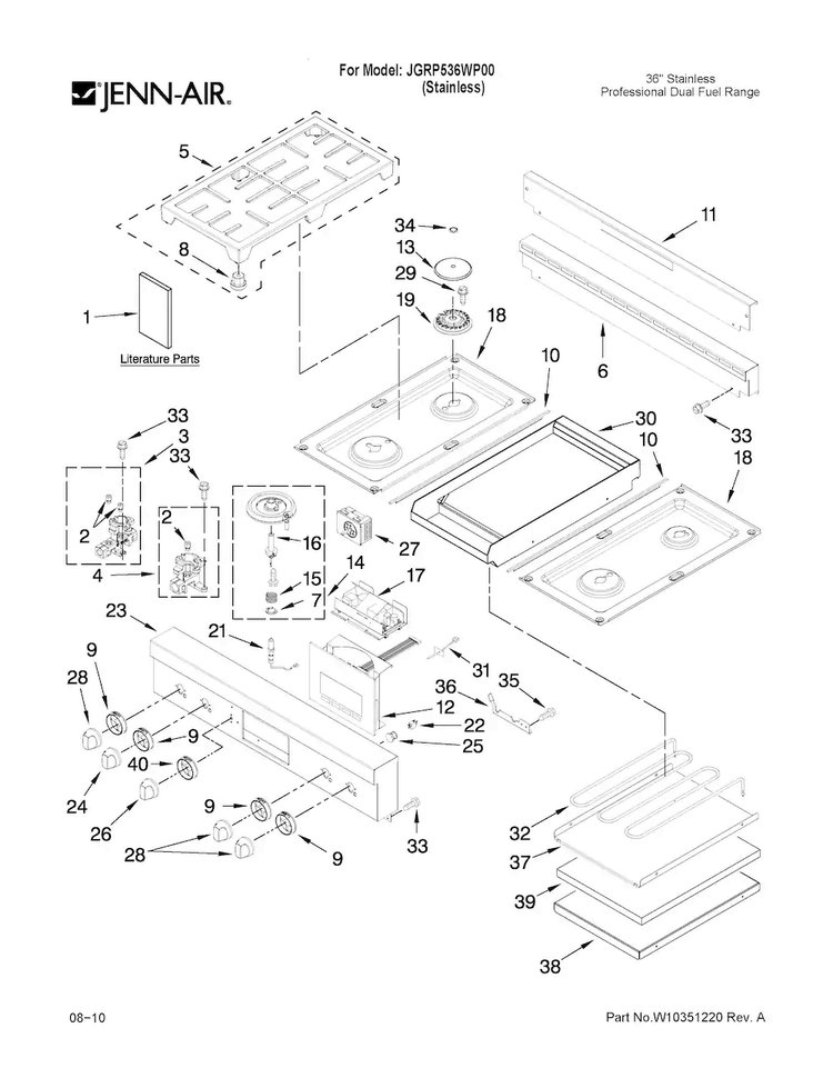 Cooktop, Burner And Grate Parts Diagram and Parts List for JGRP536WP00  Jenn-Air Range