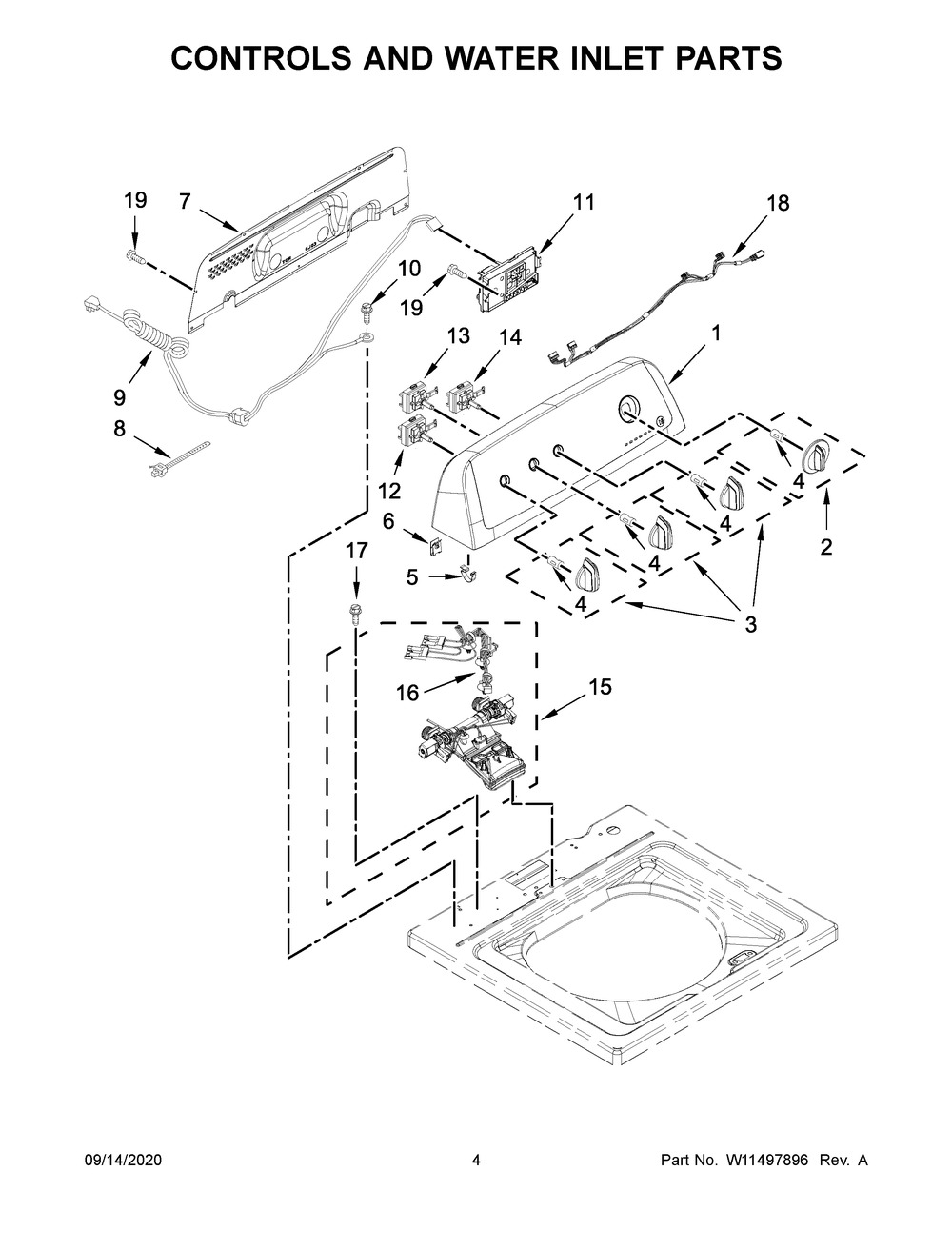 Controls And Water Inlet Parts Diagram and Parts List for NTW4519JW1  Maytag Washer