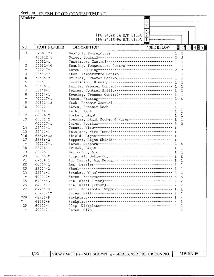 Fresh Food Compartment Page 2 Diagram and Parts List for 24522-7A  Admiral Refrigerator
