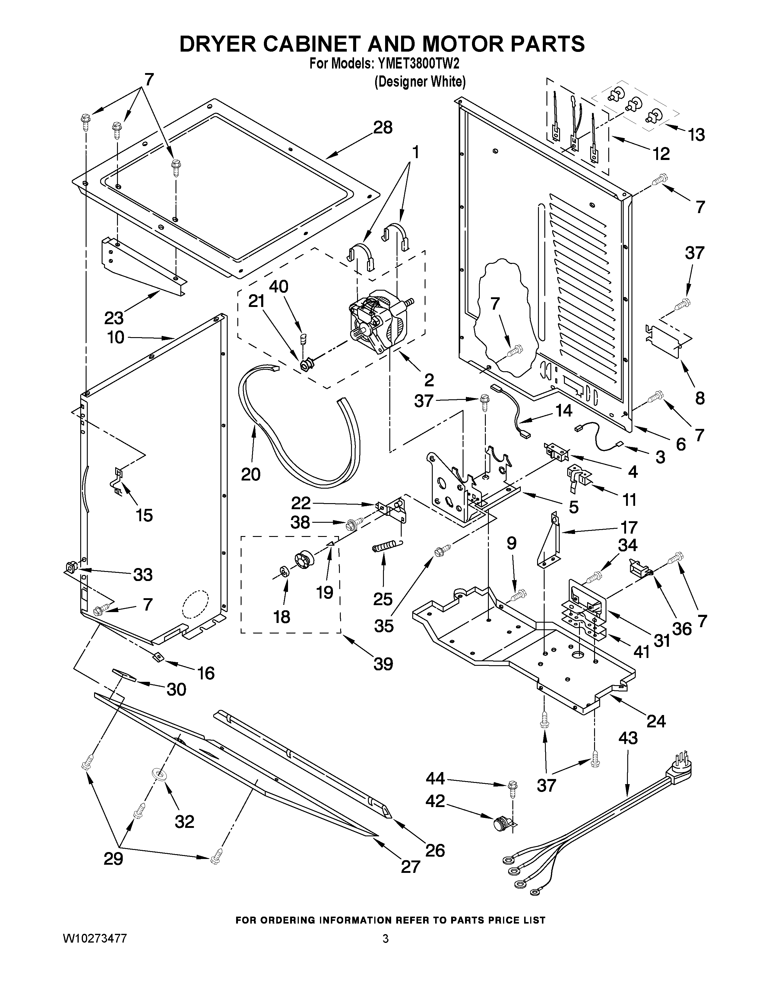 03 - DRYER CABINET AND MOTOR PARTS Diagram and Parts List for YMET3800TW2  Maytag Washer Dryer Combo